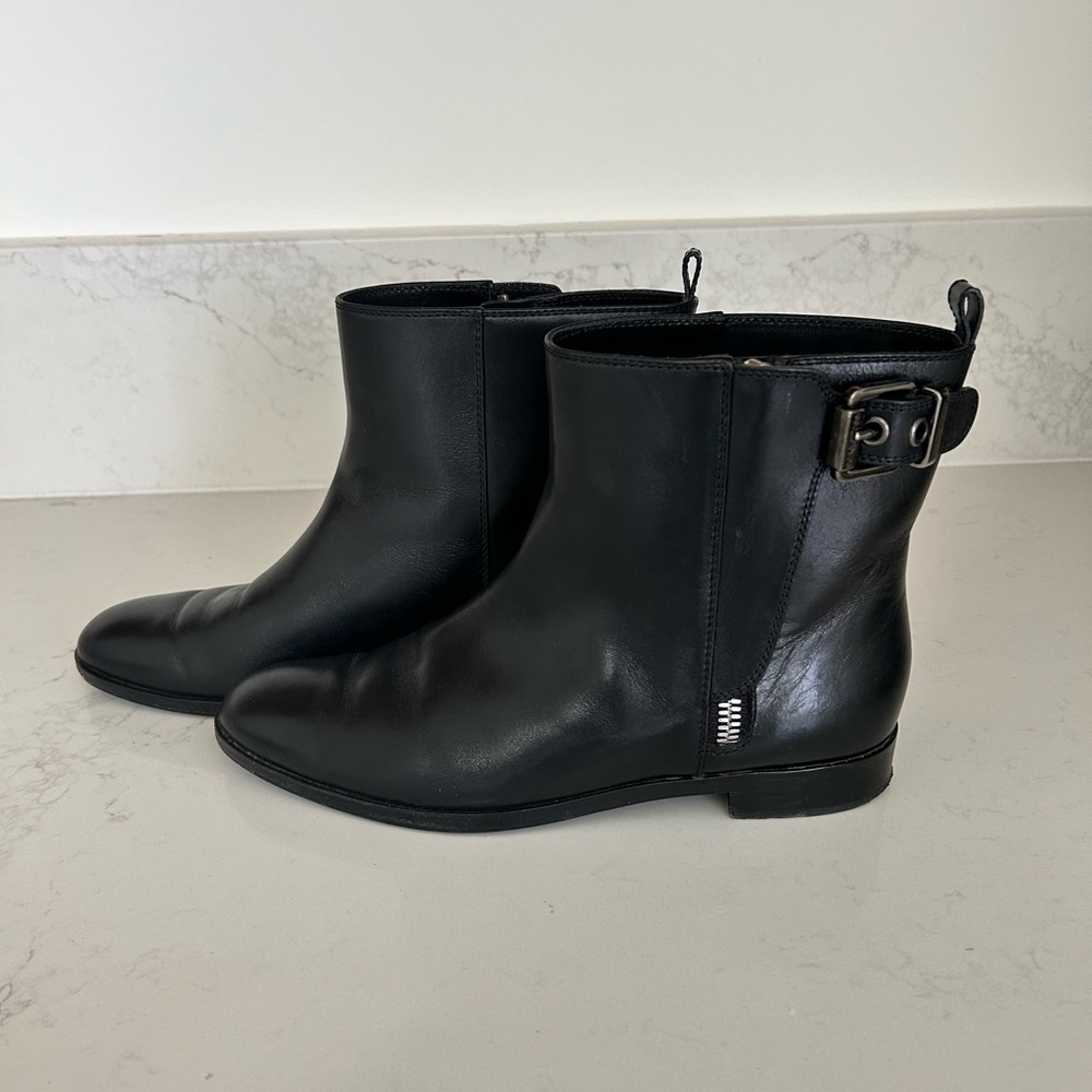 Sergio Rossi | Black Leather Flat Ankle Boots | Side Zip | Size 38 - Picture 2 of 10